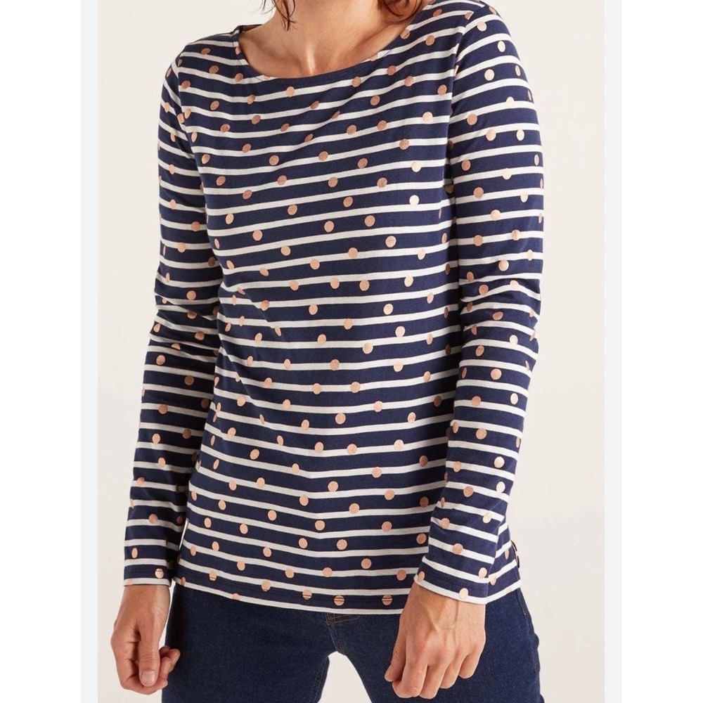 Boden Breton Top Navy White Stripe Rose Gold Dot Long Sleeve Boat Neck Size 4